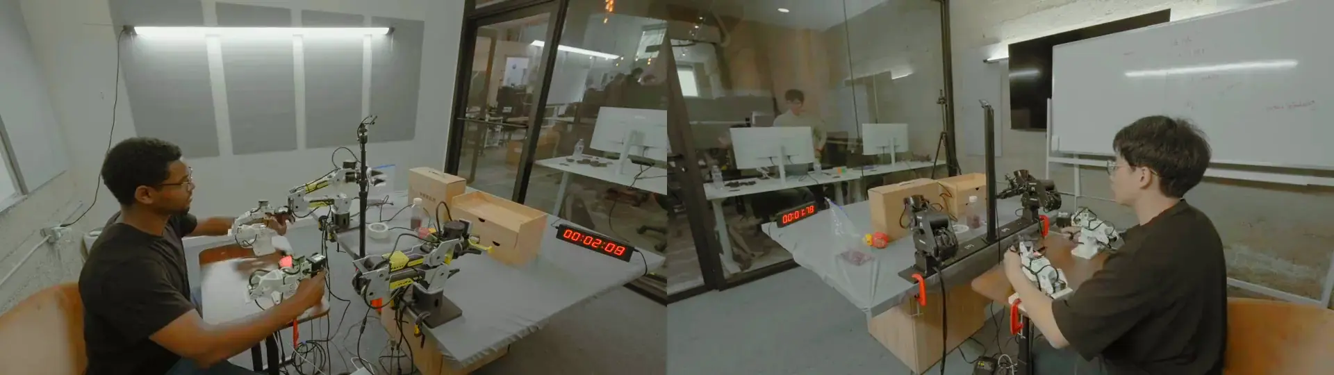 Two data-collection stations side by side, each with a person teleoperating a bimanual robot and a timer on the table