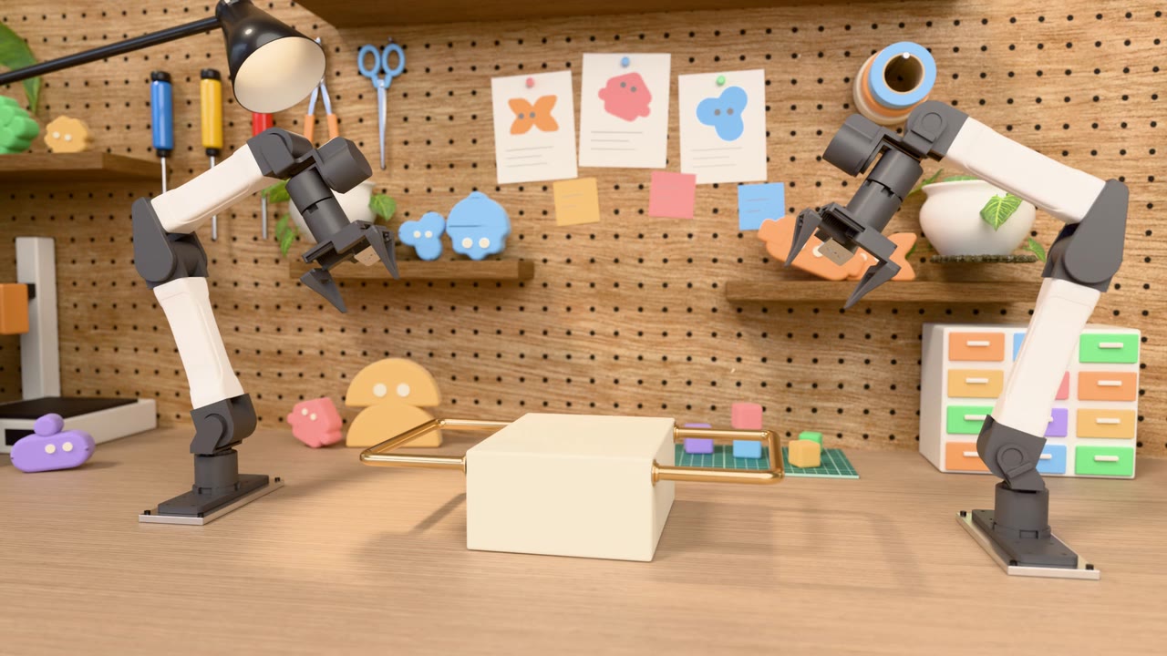 Two robot arms at a workbench with a box between them